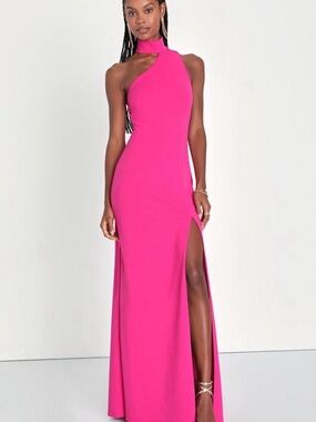 Lulu's Hot Pink One-Shoulder Maxi Dress with High Slit